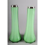 A pair of early 20th century green and white overlaid tapering vases with silver mounts, 8 1/4" high