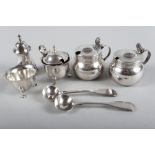 A silver three-piece cruet set, two silver mustard pots and two silver mustard spoons, 7.9oz troy