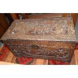 An Oriental carved wood camphor wood blanket box, 40" wide x 19" deep x 21" high