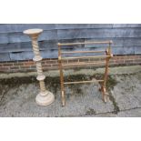 A 19th century stripped pine towel rail and a limed wood plant pedestal