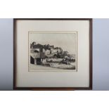 William Strang: a signed etching, Continental hillside with buildings, in gilt frame