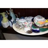 A Denby "Midnight" pattern coffee pot, eight salad crescents and assorted decorative ceramics, etc