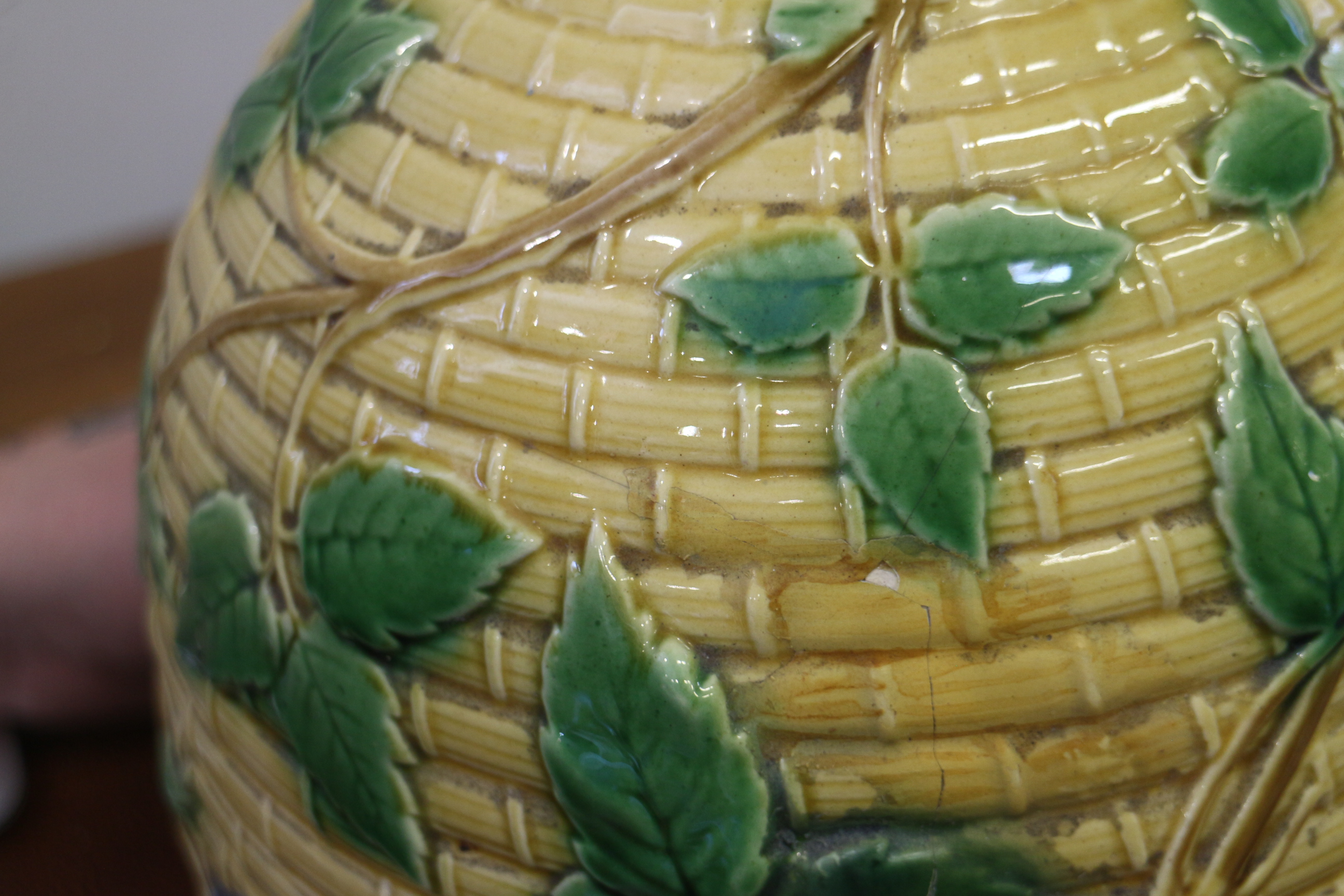 A Minton majolica cheese dish, in the form of a bee skep, 14" high (chip to base, cover restored) - Image 12 of 12