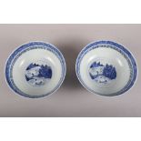 A pair of 19th century Chinese porcelain bowls with sides painted landscape, 10" dia