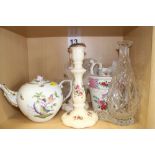 A Herend china teapot, sides painted birds and foliage, 7" high (teapot rim chipped), a decanter and