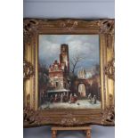 K Hiten: oil on canvas, Dutch winter scene with church tower, 23? x 19?, in deep gilt frame