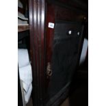 An early 20th century mahogany corner hanging cabinet enclosed glazed panel door, 28 1/2" wide x 14"