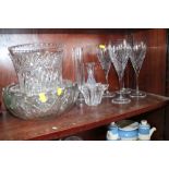 Four cut glass wines, a cut glass vase and other glass