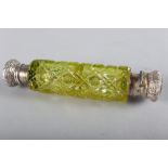 A late 19th century uranium glass and silver mounted double-end scent bottle, 5 1/8" long