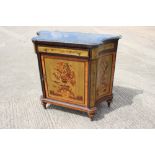 An Italian marquetry marble top shape front credenza with bud and flower panels, on turned supports,