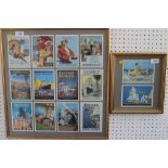 A set of fourteen postcards of 1930s posters, maritime/shipping lines, in two gilt frames