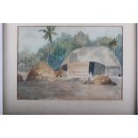 Louis Vernieux: watercolours, native scene with figure in thatched hut and palm tree, 9 1/2" x 13