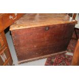 A 19th century stained wood blanket box, fitted later castors, 30" wide