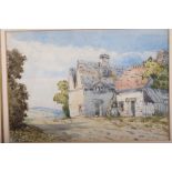 A Victorian watercolour, roadside cottages, and two other watercolours, fishing boat and Llamas,