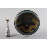 A Chinese cloisonne bowl, decorated dragons, 11 3/4" dia, and a cloisonne bottle neck vase, 8 1/4"