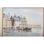 Jack Harris: watercolours, figures in boats, houses and quayside, 9" x 13", in strip frame