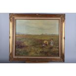 An oil on canvas, children in a field, 19" x 23", in gilt frame, and a Continental oil on board,