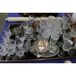 Eight Cristal d'Arques whisky tumblers, assorted wine glasses, a pair of scent bottles, 5 1/4" high,