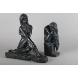 Two Austin Sculpture black plaster figures of seated nudes, larger figure 14" high