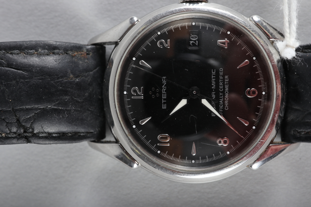 A gentleman's stainless steel cased Eternamatic wristwatch with automatic movement and black dial