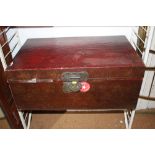 A leather trunk, fitted brass lock, and a metal bound wooden trunk, stencilled Hunnings, 37" wide