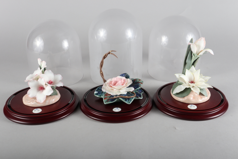 A Lladro porcelain flower model under glass dome, "Prelude in White", No 89 with certificate, and