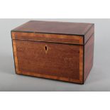 A mahogany and banded rectangular tea caddy, 7" wide x 4 1/2" high, and a turned hardwood coffee