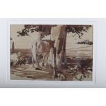 Tom Coates: watercolours, horse by a tree, 9 3/4" x 6 3/4", in gilt strip frame