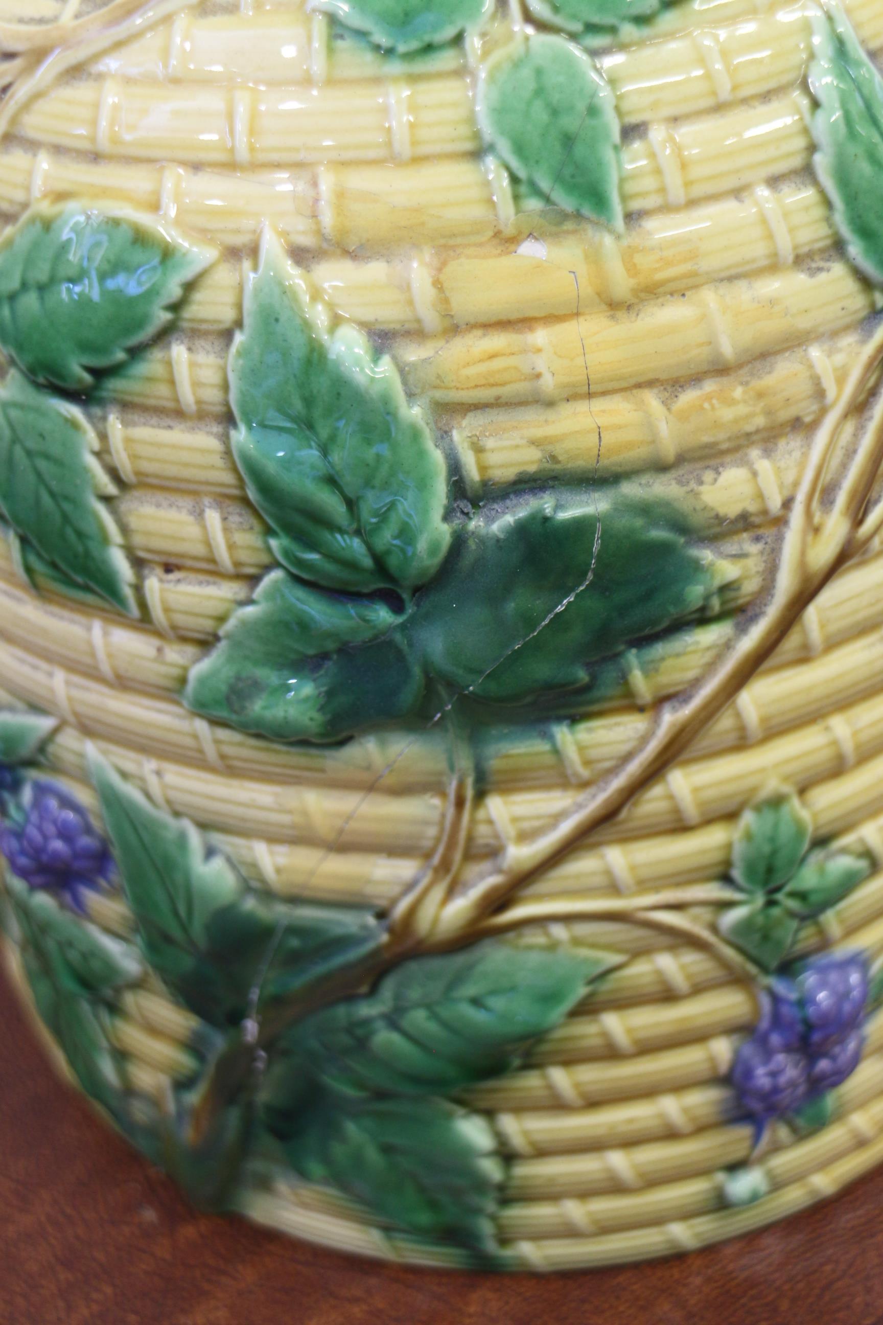 A Minton majolica cheese dish, in the form of a bee skep, 14" high (chip to base, cover restored) - Image 11 of 12