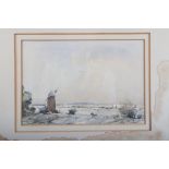 Peter Gilman: a watercolour, East Anglian landscape with windmill, 6 1/2" x 9 3/4", in gilt frame