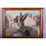 Jack Cannell: oil on board, village with river bridge, 12" x 15 3/4", in maple strip frame