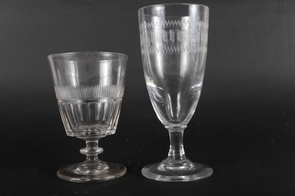 A 19th century glass rummer with ringed pedestal, 5" high, and another pedestal glass