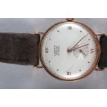 A gentleman's Lusina Geneve 18ct gold cased wristwatch with silvered dial, Roman numerals and