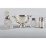 A silver two-handled pedestal bowl, 2oz troy approx, a cut glass scent bottle and stopper with