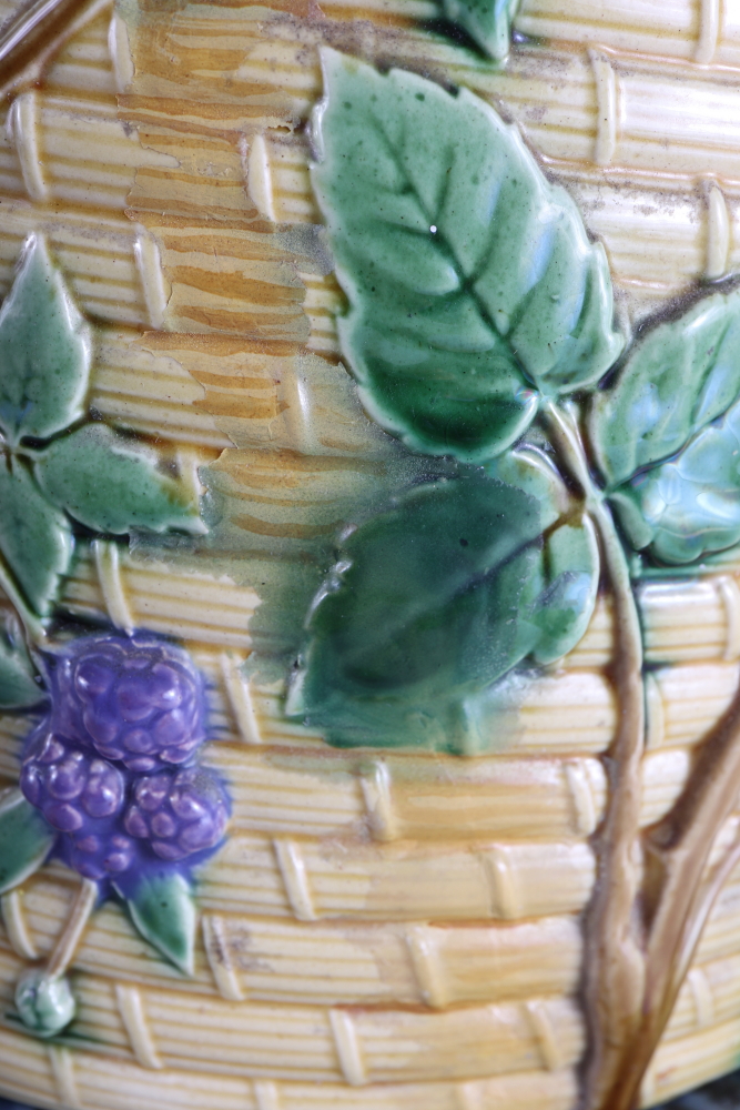 A Minton majolica cheese dish, in the form of a bee skep, 14" high (chip to base, cover restored) - Image 6 of 12