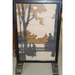 A 1920s "marquetry" silhouette fire screen, "The Terrace", by W Chase, Rowley Gallery label verso,