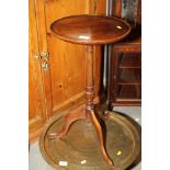 A mahogany circular wine table, 13" dia x 24" high, and a mahogany flap top coffee table, fitted one