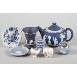 A Wedgwood jasperware teapot, a Wedgwood jasperware circular box, three other pieces of