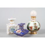 A 19th century Continental porcelain scent bottle and stopper with chinoiserie decoration, 5 1/2"