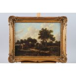 An oil on canvas village scene with horse drawn cart, figures and trees, 11 3/4" x 16", in carved