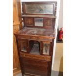 An Edwardian inlaid rosewood ledge-back side cabinet, fitted small cupboards, shallow drawer and