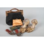 A pair of "Debonaire" gold leather shoes, a 1930s evening bag with early plastic handle and other