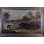 Barrington Bramley, after Herring: oil on canvas, horses by a stream, 25 1/2" high x 42" wide, in