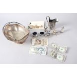 A silver plated fruit basket with pierced decoration, 11" wide, a plated cruet set, an assortment of