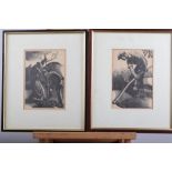 Clare Leighton: two framed lino-cuts, men scything and planting a tree, and C F Tunnicliffe: a set