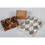 A 19th century tortoiseshell and pewter line inlaid ring box, 3" wide, a mother-of-pearl card case