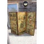 A late 19th century oak and ebonised three-fold scrap screen, panels 23" wide x 56" high (for