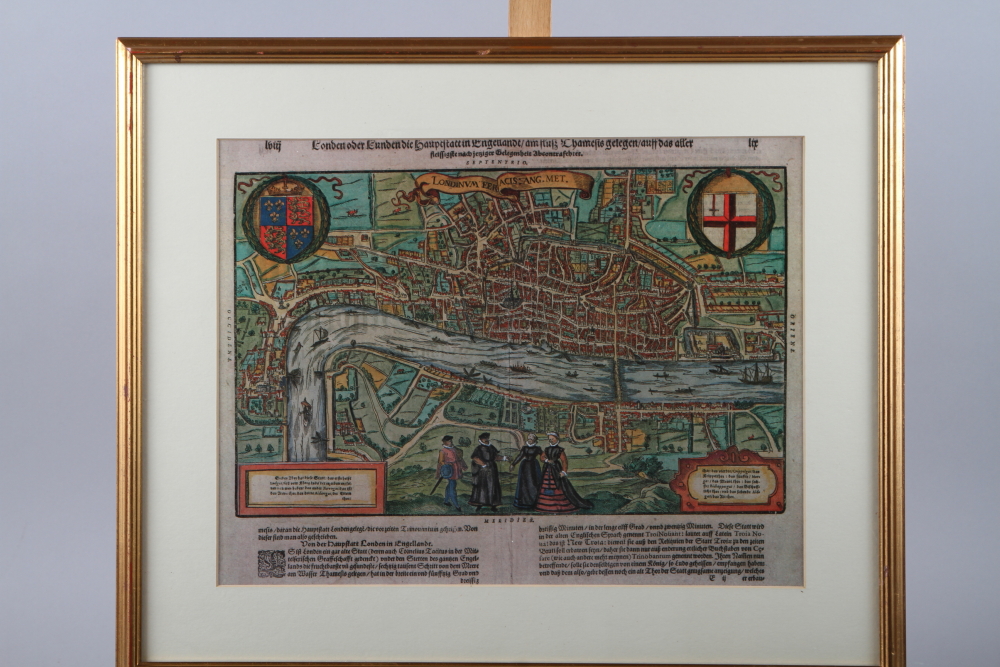 A limited edition map of the City of London in 1602, in gilt strip frame, three paintings of ships