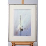 Paul Stafford: watercolours, moored yacht, 14" x 9 1/4", in silvered frame