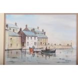 Jack Harris: watercolours, figures in boats, houses and quayside, 9" x 13", a Victorian watercolour,